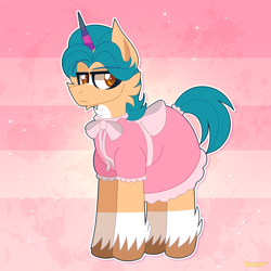 Size: 2000x2000 | Tagged: safe, artist:saveraedae, hitch trailblazer, earth pony, pony, g5, my little pony: a new generation, clothes, crossdressing, dress, fake horn, high res, hitch trailblazer is not amused, looking away, male, pink background, simple background, solo, stallion