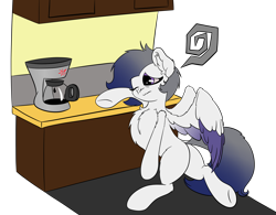 Size: 3840x3000 | Tagged: safe, artist:beigedraws, oc, oc only, oc:misty, pegasus, pony, chest fluff, coffee machine, ear fluff, high res, simple background, solo, tired, transparent background