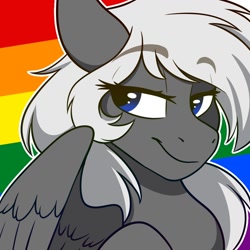 Size: 1200x1200 | Tagged: safe, artist:zahsart, oc, oc only, oc:silver bullet, pegasus, pony, gay pride flag, lidded eyes, pride, pride flag, smiling, solo, spread wings, wings