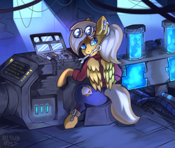 Size: 1300x1100 | Tagged: safe, artist:freak-side, oc, oc only, oc:coffee creme, pegasus, pony, clothes, goggles, machine, pants, repairing, shirt, solo, wrench