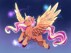 Size: 1887x1403 | Tagged: safe, artist:yami-sempai, sunny starscout, alicorn, earth pony, pony, g5, my little pony: a new generation, artificial horn, artificial wings, augmented, horn, magic, magic horn, magic wings, mane stripe sunny, race swap, solo, sunnycorn, wings