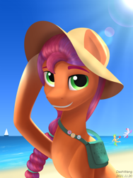 Size: 1668x2224 | Tagged: safe, artist:dash wang, hitch trailblazer, sunny starscout, zipp storm, earth pony, pegasus, pony, g5, my little pony: a new generation, bag, beach, beach ball, braided ponytail, female, hat, looking at you, male, mare, ocean, pin, sailboat, solo, stallion