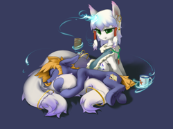 Size: 2732x2048 | Tagged: safe, artist:blue ink, oc, oc only, oc:blue ink, oc:yanling, earth pony, original species, pony, cloak, clothes, duo, ear piercing, earring, high res, horn, hug, jewelry, lying down, magic, mug, multiple tails, piercing, short tail, tail, tail hug, telekinesis, two tails
