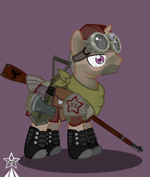 Size: 4245x5021 | Tagged: safe, artist:devorierdeos, oc, oc only, pony, unicorn, fallout equestria, axe, bag, boots, dirty, garrison cap, gun, horn, mosin nagant, musical instrument, purple eyes, red eye army, rifle, safety goggles, shoes, shovel, simple background, soldier, solo, stubble, tired, unicorn oc, veteran, weapon