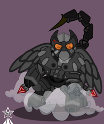 Size: 4245x5021 | Tagged: safe, artist:devorierdeos, oc, oc only, pegasus, pony, fallout equestria, armor, cloud, enclave, enclave armor, grand pegasus enclave, helmet, landing, laser rifle, pegasus oc, power armor, scorpion tail, simple background, solo, suspension of dust, tail, trooper