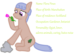 Size: 1036x737 | Tagged: safe, artist:adusak, derpibooru exclusive, oc, oc only, oc:flora pines, earth pony, pony, amateur, curly mane, description, earth pony oc, flower, low quality, sad, short mane, simple background, solo, stone, text, tulip, white background