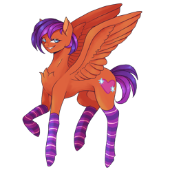 Size: 1423x1440 | Tagged: safe, artist:brot-art, oc, oc only, pegasus, pony, chest fluff, clothes, concave belly, pegasus oc, raised hoof, simple background, smiling, socks, spread wings, sternocleidomastoid, striped socks, transparent background, wings