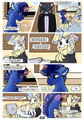 Size: 2100x3000 | Tagged: safe, artist:loryska, prince blueblood, oc, oc:indigo sky, abyssinian, cat, pony, unicorn, comic:friendship grows, g4, high res, lying down, magical lesbian spawn, offspring, older, parent:trixie, parent:twilight sparkle, parents:twixie, prone, scar