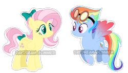 Size: 830x470 | Tagged: safe, artist:just-silvushka, fluttershy, rainbow dash, pegasus, pony, g4, alternate hairstyle, base used, bow, duo, eyelashes, female, goggles, hair bow, mare, simple background, tail, tail bow, transparent background