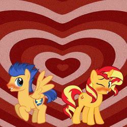 Size: 1080x1080 | Tagged: safe, artist:themexicanpunisher, flash sentry, sunset shimmer, pony, unicorn, g4, blushing, female, grin, looking at each other, looking back, male, one eye closed, ship:flashimmer, shipping, smiling, straight, the powerpuff girls, wink