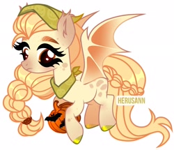 Size: 3115x2679 | Tagged: safe, artist:herusann, oc, oc only, bat, bat pony, pony, base used, bat pony oc, bat wings, eyelashes, female, hat, high res, hoof polish, mare, neckerchief, pumpkin, simple background, smiling, white background, wings