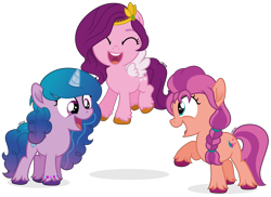 Size: 7981x5806 | Tagged: safe, artist:cirillaq, izzy moonbow, pipp petals, sunny starscout, earth pony, pegasus, pony, unicorn, g4, g5, my little pony: a new generation, ^^, absurd resolution, adorapipp, bracelet, braid, cute, eyes closed, female, filly, filly izzy moonbow, filly pipp petals, filly sunny starscout, foal, g5 to g4, generation leap, gradient mane, gradient tail, happy, horn, izzybetes, jewelry, open mouth, open smile, purple eyes, raised hoof, shadow, show accurate, simple background, smiling, spread wings, standing, sunnybetes, tail, teal eyes, transparent background, trio, two toned mane, two toned tail, unshorn fetlocks, vector, wings, younger