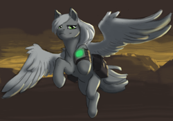 Size: 1164x815 | Tagged: artist needed, source needed, safe, oc, oc only, oc:aurora pinfeathers, pegasus, pony, fallout equestria, fallout equestria: renewal, bag, fallout, fanfic, fanfic art, female, flying, gray coat, green eyes, hooves, looking at you, mane, mare, pipbuck, protagonist, saddle bag, solo, spread wings, tail, white mane, wings