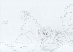 Size: 1024x724 | Tagged: safe, artist:wasnttheredonenothing, oc, oc:aurora pinfeathers, oc:ginger dressage, pegasus, pony, unicorn, fallout equestria, fallout equestria: renewal, cloud, fanfic art, flying, lineart, mare in the moon, monochrome, moon, night, riding, riding a pony, romantic, sketch, sky, smiling, traditional art