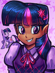 Size: 1000x1328 | Tagged: safe, artist:toon-o-clock, twilight sparkle, human, pony, unicorn, g4, dark skin, elf ears, female, grin, human ponidox, humanized, leonine tail, mare, self paradox, self ponidox, smiling, tail, unicorn twilight