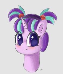 Size: 1637x1920 | Tagged: safe, artist:limitmj, starlight glimmer, pony, unicorn, g4, bust, female, filly, filly starlight glimmer, pigtails, pink background, simple background, smiling, solo, younger