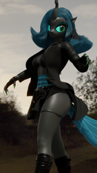 Size: 1440x2560 | Tagged: safe, artist:artempredator, queen chrysalis, changeling, changeling queen, anthro, g4, 3d, belt, bikini, bikini top, blender, blender cycles, boots, breasts, claws, clothes, female, fingerless gloves, gloves, green eyes, jacket, legs, long nails, nails, shoes, skirt, solo, swimsuit, thighs