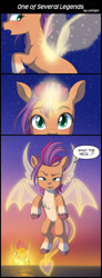 Size: 800x2182 | Tagged: safe, artist:uotapo, smolder, sunny starscout, dracony, dragon, earth pony, hybrid, pony, g4, g5, my little pony: a new generation, artificial wings, augmented, bait and switch, chest fluff, comic, confused, dragon tail, dragon wings, dragonified, fangs, fins, funny, funny as hell, magic, magic wings, one eye closed, open mouth, smolder fuel, solo focus, species swap, speech bubble, sunny dragonscout, sunny starscout is not amused, sunset, sweat, sweatdrop, tail, thumbs up, transformation, unamused, unshorn fetlocks, wings, wink