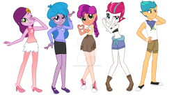 Size: 1280x698 | Tagged: safe, artist:hate-love12, hitch trailblazer, izzy moonbow, pipp petals, sunny starscout, zipp storm, equestria girls, g4, g5, my little pony: a new generation, clothes, deviantart watermark, equestria girls-ified, g5 to equestria girls, g5 to g4, generation leap, mane five, obtrusive watermark, shorts, simple background, skirt, transparent background, watermark