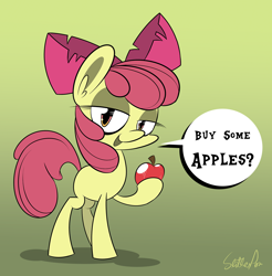 Size: 1256x1278 | Tagged: safe, artist:slitherpon, apple bloom, earth pony, pony, moody mark crusaders, g4, apple, bedroom eyes, buy some apples, female, food, gradient background, solo, speech bubble