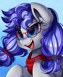 Size: 1446x1764 | Tagged: safe, artist:pridark, oc, oc only, oc:cinnabyte, earth pony, pony, bandana, blue background, dedication, determine, determined, female, glasses, head, mare, neckerchief, open mouth, pigtails, simple background, smiling, solo