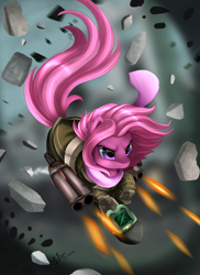 Size: 2550x3509 | Tagged: safe, artist:pridark, oc, oc only, oc:chosen heart, crystal pony, earth pony, pony, fallout equestria, battle saddle, bullet, debris, fallout, female, firing, high res, pipbuck, solo