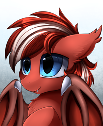 Size: 1446x1764 | Tagged: safe, artist:pridark, oc, oc only, oc:eclipse skies, bat pony, pony, abstract background, bat pony oc, bat wings, bust, chest fluff, claws, cute, ear fluff, fangs, floppy ears, male, portrait, red, slit pupils, smiling, solo, spread wings, stallion, white, wing claws, wings