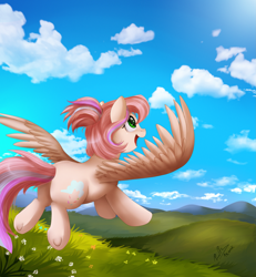 Size: 2855x3087 | Tagged: safe, artist:pridark, oc, oc only, oc:sweet skies, pegasus, pony, cloud, female, field, flower, flying, high res, mountain, scenery, solo, spread wings, wings