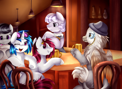 Size: 3509x2550 | Tagged: safe, artist:pridark, 33 1-3 lp, dj pon-3, long play, octavia melody, vinyl scratch, oc, classical hippogriff, hippogriff, pony, unicorn, g4, bar, bartender, chair, ear piercing, earring, high res, jewelry, one eye closed, piercing, pub, wink