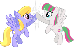 Size: 7624x4809 | Tagged: safe, artist:starcollider, blossomforth, cloud kicker, pegasus, pony, g4, .svg available, absurd resolution, cloudforth, duo, duo female, female, flying, grin, hoofbump, lesbian, looking at each other, mare, open mouth, open smile, shipping, simple background, smiling, transparent background, vector