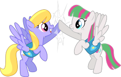 Size: 7624x4809 | Tagged: safe, alternate version, artist:starcollider, blossomforth, cloud kicker, pegasus, pony, g4, .svg available, absurd resolution, cloudforth, duo, duo female, female, flying, grin, hoofbump, lesbian, looking at each other, mare, open mouth, open smile, shipping, simple background, smiling, transparent background, vector, winter wrap up vest