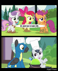 Size: 1288x1572 | Tagged: safe, edit, edited screencap, editor:teren rogriss, screencap, apple bloom, rumble, scootaloo, smooze, sweetie belle, thunderlane, earth pony, pegasus, pony, unicorn, g4, marks and recreation, chef's hat, clothes, cutie mark crusaders, hat, mud, muddy, pot, uniform, wonderbolts uniform