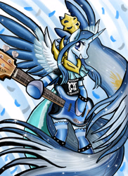 Size: 3800x5230 | Tagged: safe, artist:pridark, oc, oc only, oc:princess argenta, alicorn, pony, alicorn oc, argentina, clothes, electric guitar, guitar, horn, musical instrument, nation ponies, ponified, rock (music), rock star, socks, solo, spiked wristband, wings, wristband