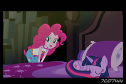 Size: 1288x858 | Tagged: safe, edit, edited screencap, editor:teren rogriss, screencap, pinkie pie, twilight sparkle, alicorn, pony, equestria girls, g4, my little pony equestria girls: legend of everfree, bed, bedroom, clothes, jewelry, pillow, pony on bed, sci-twi's room, shorts, sleeping, sleeping on bed, twilight sparkle (alicorn)