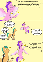 Size: 1668x2388 | Tagged: safe, artist:simonsartbookservice, hitch trailblazer, pipp petals, earth pony, pegasus, pony, g5, my little pony: a new generation, breaking the fourth wall, comic, one eye closed, phone, singing, sword, the witcher, weapon, wink, witcher