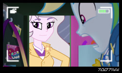 Size: 1288x778 | Tagged: safe, edit, edited screencap, editor:teren rogriss, screencap, princess celestia, principal celestia, rainbow dash, princess molestia, do it for the ponygram!, equestria girls, g4, my little pony equestria girls: better together, camera shot, clothes, cutie mark on clothes, geode of super speed, jewelry, lockers, magical geodes, necklace, open mouth, principal molestia, rainbow dash's prank fail, scaredy dash, screaming