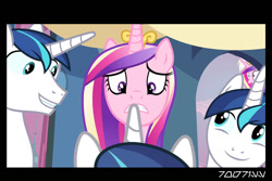 Size: 1288x858 | Tagged: safe, edit, edited screencap, editor:teren rogriss, screencap, princess cadance, shining armor, alicorn, pony, unicorn, a canterlot wedding, g4, my little pony: friendship is magic, implied discord, letterboxing, multeity, self paradox