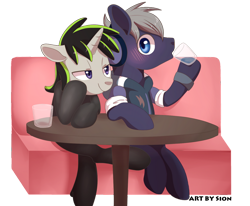 Size: 1024x843 | Tagged: safe, artist:sion, oc, oc only, oc:beat, oc:plot frequency, earth pony, pony, unicorn, blushing, catsuit, clothes, commission, duo, female, flirting, glass of water, latex, latex suit, lidded eyes, male, oc x oc, shipping, simple background, straight, table, transparent background