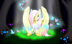 Size: 3800x2350 | Tagged: safe, artist:bludraconoid, fluttershy, butterfly, pegasus, pony, animal, crepuscular rays, crying, cute, dark, female, flower, forest, glowing mushroom, grass, high res, lying, lying down, mare, mushroom, prone, shyabetes, simple background, smiling, solo, spotlight, spread wings, tree, wings