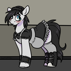 Size: 2000x2000 | Tagged: oc name needed, safe, artist:sexygoatgod, oc, oc only, earth pony, pony, blushing, clothes, converse, crossdressing, dress, high res, maid, male, shoes, sneakers, socks, solo, stallion, stockings, thigh highs