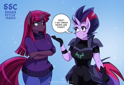 Size: 1240x850 | Tagged: safe, artist:traupa, tempest shadow, twilight sparkle, unicorn, anthro, g4, my little pony: the movie, alternate hairstyle, armor, blushing, bodysuit, breasts, broken horn, busty tempest shadow, busty twilight sparkle, clothes, clothes swap, crossed arms, dialogue, duo, eye scar, gloves, grin, horn, mane swap, pants, role reversal, scar, smiling, speech bubble, sweater