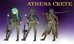 Size: 9872x5833 | Tagged: safe, artist:miipack603, oc, oc only, oc:athena crete, human, fallout equestria, fanfic:fallout equestria: lone ranger, absurd resolution, anti-materiel rifle, armor, badass, bag, boots, bracer, breastplate, clothes, combat boots, desert ranger, duster, fanfic art, female, fimfiction, frown, gradient background, greaves, gun, handgun, harness, holster, humanized, humanized oc, jacket, leather jacket, looking at you, multicolored hair, pauldron, pipbuck, post-apocalyptic, pouch, pre-war, ranger sequoia, revolver, shoes, solo, speedloader, stern, sword, tack, title, weapon