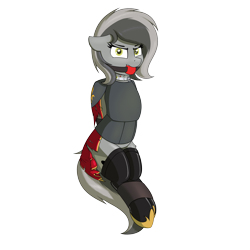 Size: 3000x3000 | Tagged: safe, artist:ponynamedmixtape, oc, oc only, oc:graeyscale, pegasus, pony, adepta sororitas, angry, ankle tied, arm behind back, armor, ballgag, bondage, clothes, collar, female, floppy ears, gag, high res, hoof shoes, latex, latex socks, looking at you, mare, shock collar, simple background, socks, solo, transparent background, warhammer (game), warhammer 40k