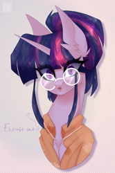 Size: 1371x2060 | Tagged: safe, artist:elektra-gertly, twilight sparkle, pony, unicorn, g4, bust, clothes, ear fluff, glasses, looking at you, portrait, solo, talking to viewer, unicorn twilight