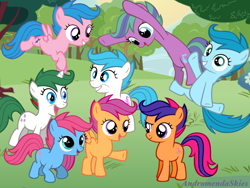Size: 1024x768 | Tagged: safe, artist:andromendaskies, baby cuddles, baby firefly, baby gusty, baby sleepy pie, ember (g1), scootaloo, scootaloo (g3), scooter sprite, earth pony, pegasus, pony, unicorn, g1, g3, g4, baby, baby firefly can fly, baby flyabetes, baby gustybetes, baby pony, cuddlebetes, cute, cutealoo, dreamworks face, ember (blue), female, filly, flying, freestyle, g1 emberbetes, g1 to g4, g3 cutealoo, g3 to g4, generation leap, generational ponidox, generations, grin, group, jumping, open mouth, open smile, outdoors, raised leg, recolor, scooterbetes, sleepydorable, smiling, talking