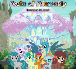 Size: 2064x1865 | Tagged: safe, artist:not-yet-a-brony, idw, gallus, ocellus, sandbar, silverstream, smolder, swift foot, tree of harmony, yona, changeling, dragon, earth pony, griffon, hippogriff, pony, thracian, yak, g4, spoiler:comicfeatsoffriendship, spoiler:comicfeatsoffriendship03, feats of friendship, friendship, friendship student, group shot, reunion, smiling, student six, treehouse of harmony, youtube link in the description