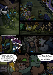 Size: 2408x3400 | Tagged: safe, artist:tarkron, oc, changeling, diamond dog, earth pony, hybrid, pegasus, pony, undead, unicorn, comic:fusing the fusions, comic:time of the fusions, argument, ballgag, bondage, bound and gagged, changeling oc, cloth gag, clothes, combat, comic, commissioner:bigonionbean, crying, cutie mark, dialogue, eyepatch, female, fight, friendship express, frightened, gag, glasses, gold, guard, high res, horn, horrified, male, mare, over the nose gag, pack, panel, panic, panicking, rain, random pony, royal guard, scared, shocked, soldier, soldier pony, stallion, storm, teary eyes, tied up, train, train car, wings, wrestling, writer:bigonionbean
