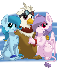 Size: 1500x1900 | Tagged: safe, artist:itstaylor-made, oc, oc only, oc:gunslash, griffon, pegasus, pony, sphinx, clothes, female, paws, scarf, side hug, simple background, sphinx oc, tongue out, transparent background, trio
