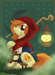 Size: 1440x1980 | Tagged: safe, artist:itstaylor-made, artist:parclytaxel, oc, oc only, oc:aurora shield, earth pony, pony, clothes, female, hood, lantern, solo, wheat grass (plant)