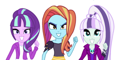 Size: 1464x708 | Tagged: artist needed, safe, adagio dazzle, aria blaze, coloratura, sassy saddles, sonata dusk, starlight glimmer, equestria girls, g4, my little pony equestria girls: rainbow rocks, alternate universe, countess coloratura, equestria girls-ified, evil smile, eyeshadow, female, grin, looking at you, makeup, simple background, smiling, the dazzlings, trio, trio female, white background
